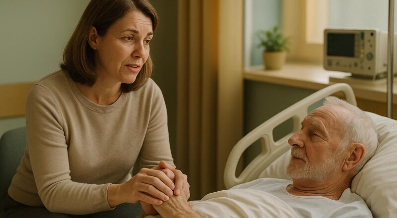 Daughter beside Father in hospital bed